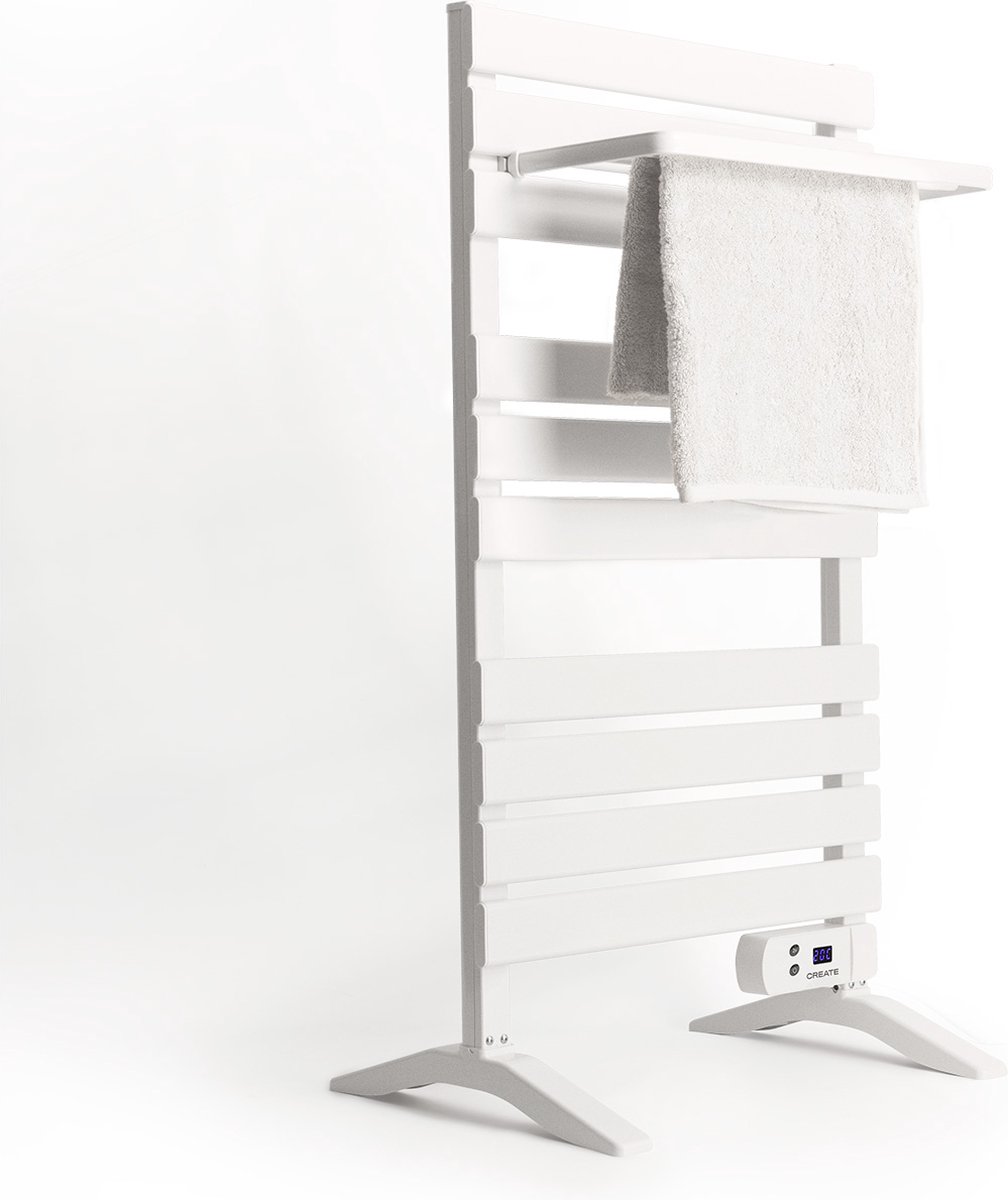 CREATE - Elektrische handdoekhouder voor op de vloer of aan de muur met plank - Wit - 500W - WARM TOWEL