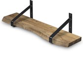 Wandplank Hout 220x20 cm Licht Bruin incl. Zwarte Stalen Plankdragers - Boomstam Plank – Boekenplank - Wandrek - Muurplank