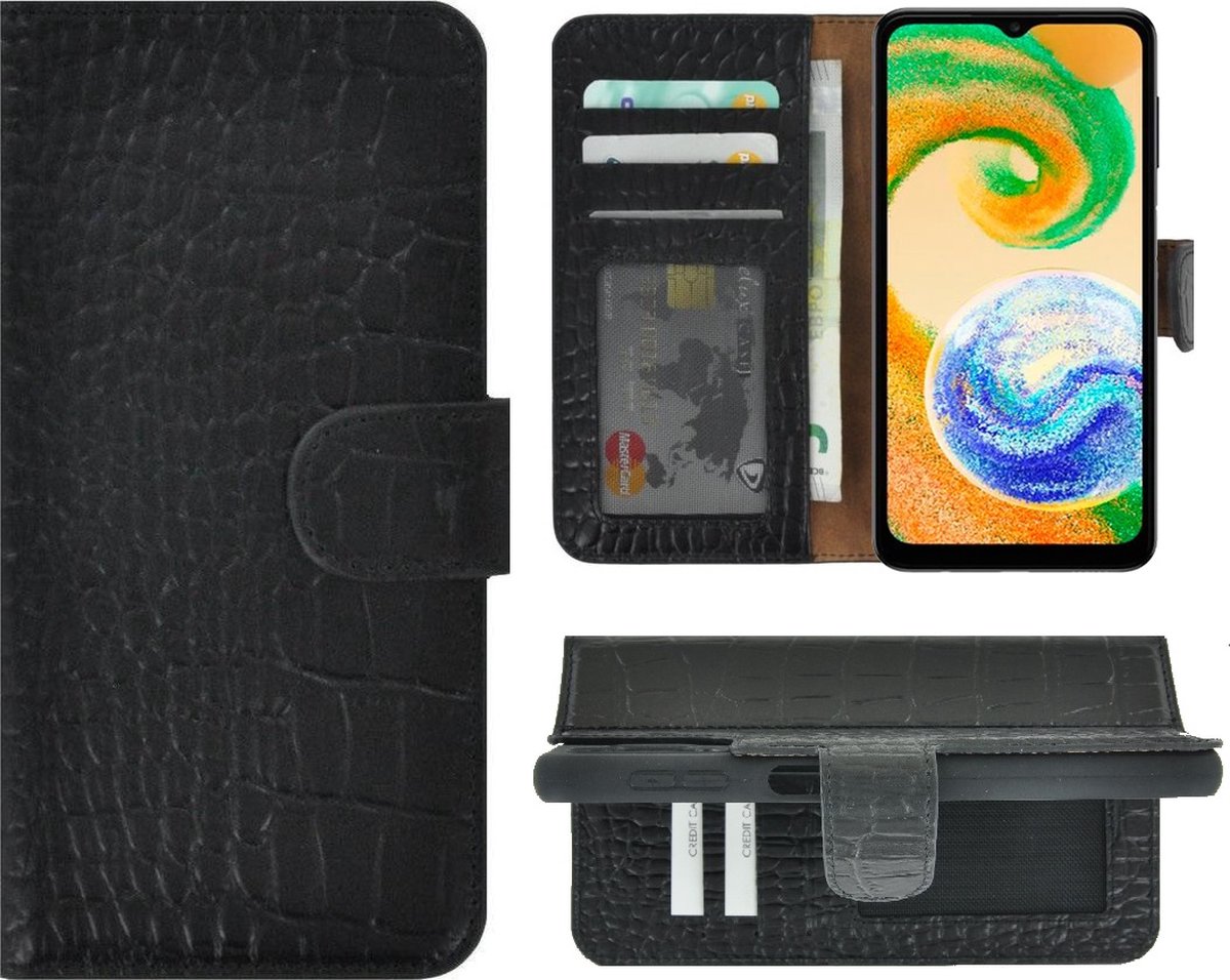 MoDo hoesje Geschikt voor Samsung Galaxy A04 - Echt Leer Book Case - Croco Zwart