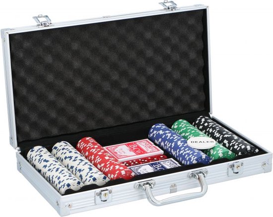 Afbeelding van het spel Pokerset 300 Fiches - Luxe Aluminium Koffer -poker set - 2 kaartspellen - 5 dobbelstenen - 3 dealer buttons