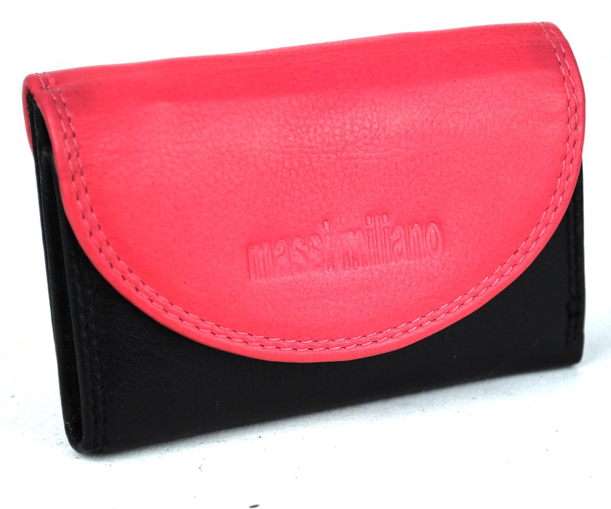 Massi Miliano Kleine Portemonnee Unisex Nappa Leer Zwart/Roze (A1-04-(6+79) 9,5X2X6CM --