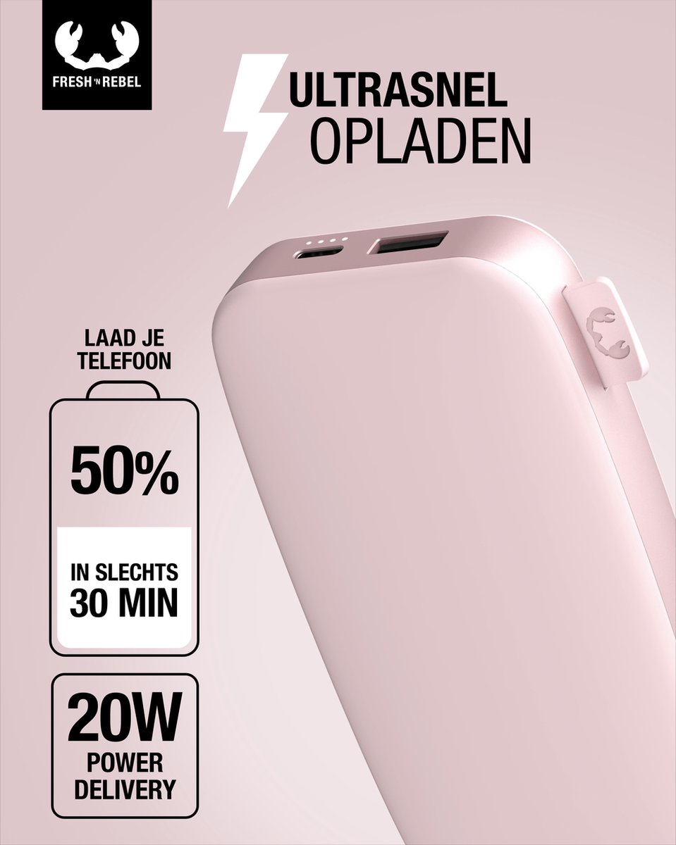 Fresh Powerbank 12000 mAh Ultra Snellader 20W - Roze - afbeelding 2