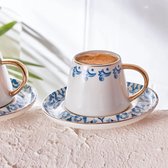 Karaca -Mare- Set van 6 Koffiekopjes 90 ml-blauw-gold-traditional koffiekopjes-espressotassen-porselein-voor 6 personen-Turkse koffieset-