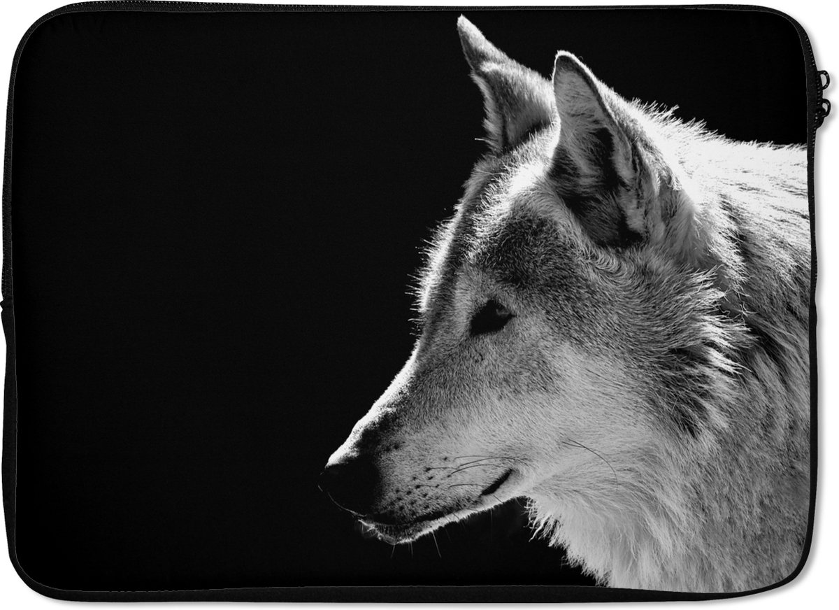 Laptophoes 14 inch - Wilde dieren - Wolf - Zwart - Wit - Laptop sleeve - Binnenmaat 33x23 cm - Zwarte achterkant