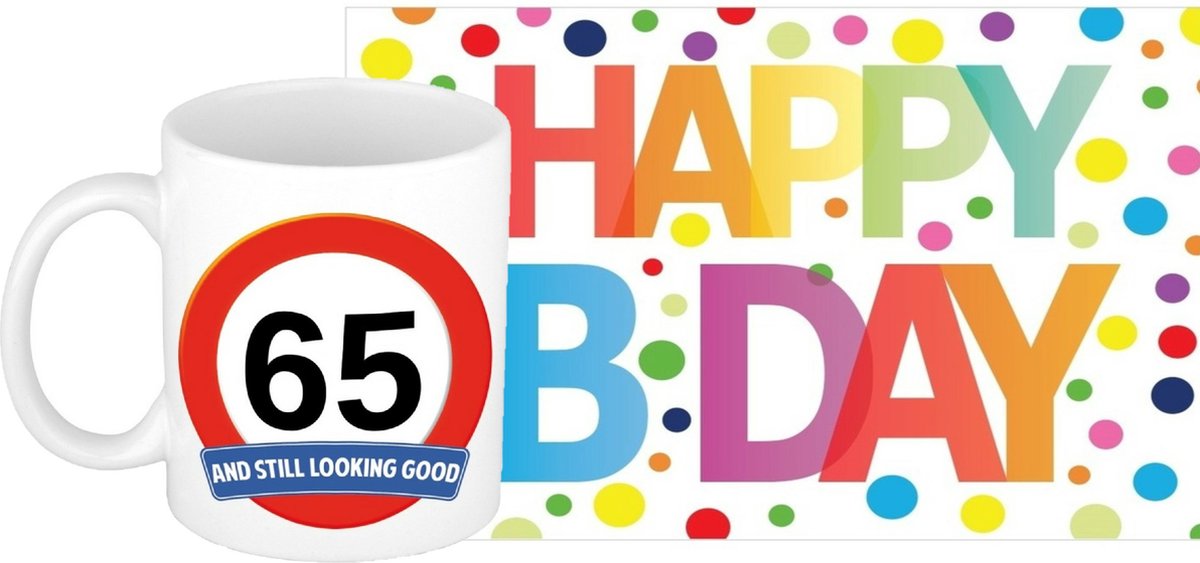 Verjaardag cadeau mok/beker 65 jaar print 300 ml + A5-size wenskaart Happy Birthday