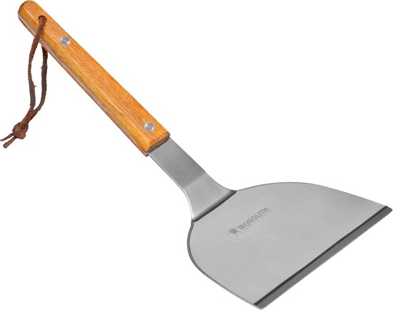 Spatule en inox avec manche en bois et une boucle en cuir.