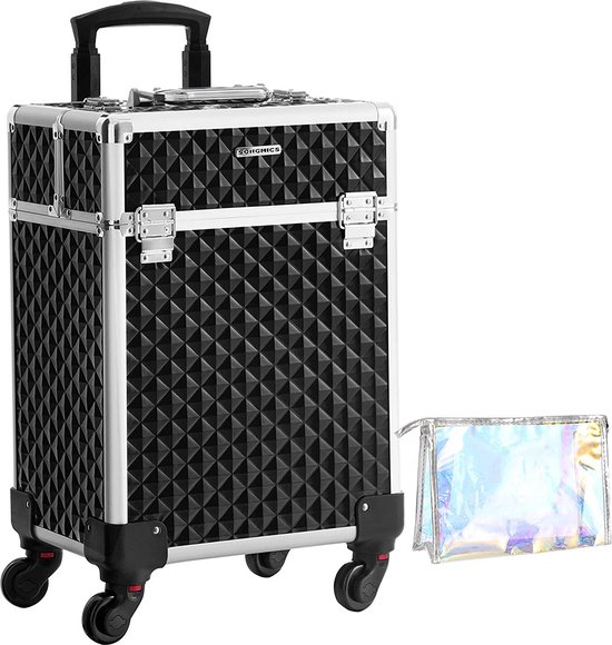 NumberOne® Cosmeticakoffer Make-up Koffer Zwart - Met 4 Uittrekbare Vakken - Inclusief Toilettas - Trolley