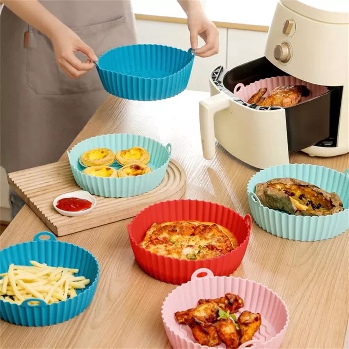 XoeLLe Siliconen vorm voor heteluchtfriteuse, Airfryer Liners, siliconen potliners, bakpapier, rond, mand, herbruikbaar, siliconen inzetstuk voor heteluchtfriteuse, accessoires voor oven, magnetron
