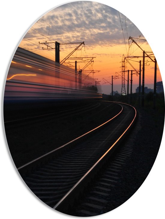 WallClassics - PVC Schuimplaat Ovaal - Voorbijrazende Trein bij Treinspoor - 42x56 cm Foto op Ovaal  (Met Ophangsysteem)