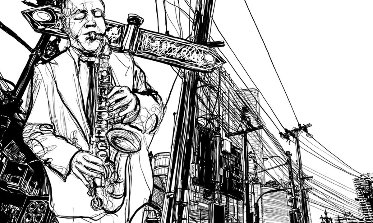 Fotobehang - Saxophone recital on Broadway.