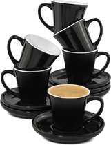Espresso Kopjes Set van 6 Zwart met schotels - Keramisch - Houdt Lang Warm - Geschenkverpakking - 70ml