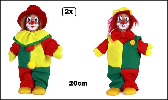 2x Clownspop 20cm met hoed en pet rood/geel/groen - Thema feest carnaval circus party festival