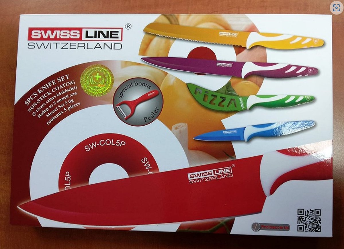 SWISS LINE - Roestvrij staal 5-delige messenset en 1 gratis dunschiller - Diverse kleuren