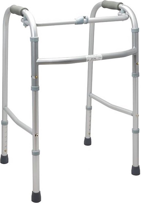 Zilverkleurig lichtgewicht looprek met grijze handvatten en poten, een grijze dwarsbalk en een ce-keurmerk.