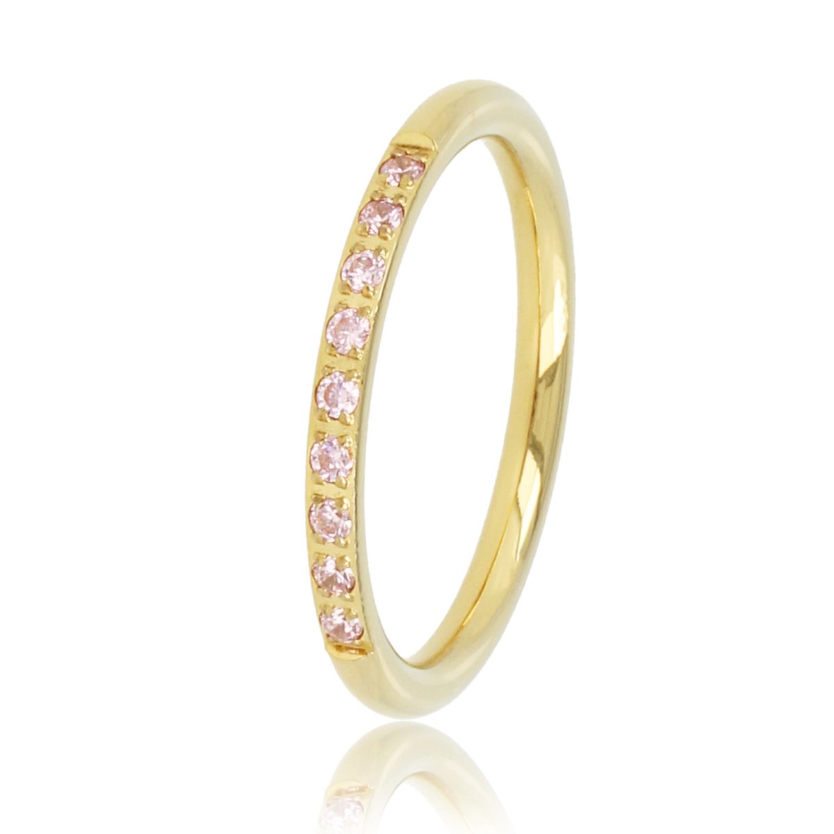 My Bendel - Fijne Aanschuifring Goudkleurig met Roze Steentjes - Fijne Aanschuifring Goudkleurig - Roze Zirkonia Steentjes - met Luxe Cadeauverpakking | Sieraden Voor Dames | Maat 18.00 Mm / Maat 57