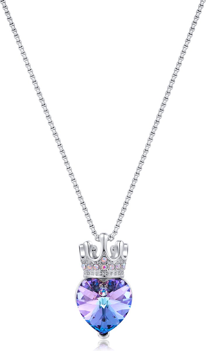 Zilver Ketting 925 Sterling Zilver Paars Hartje met Kristal met Kroon - Lengte 45cm