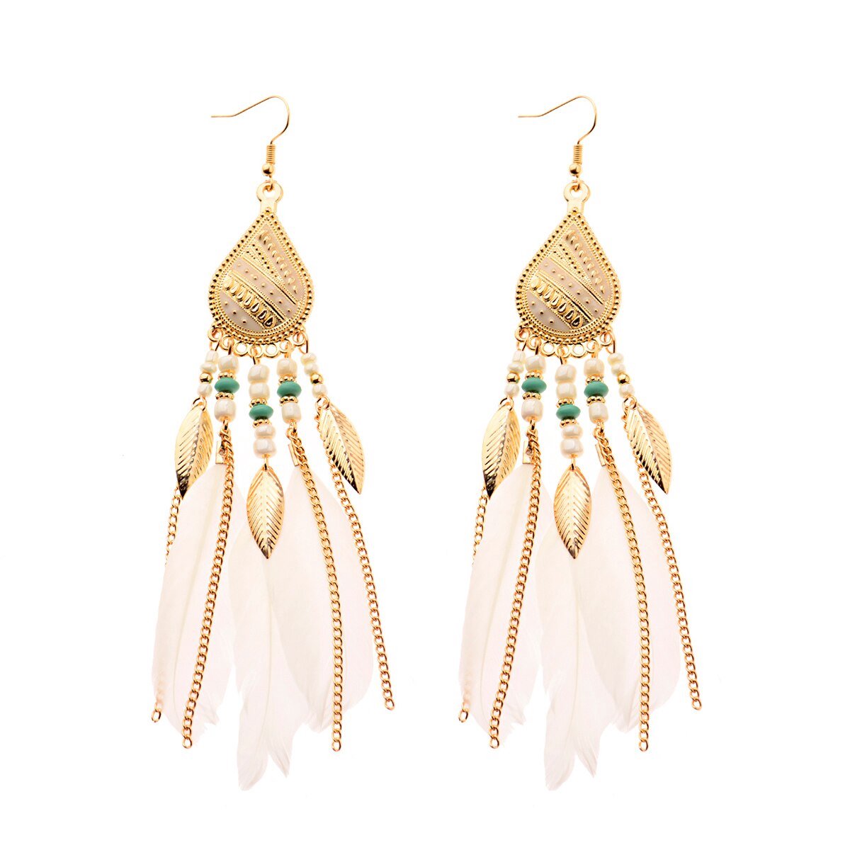 Fako Bijoux® - Oorbellen - Bohemian - Veren, Blaadjes & Kraaltjes - Retro - Wit