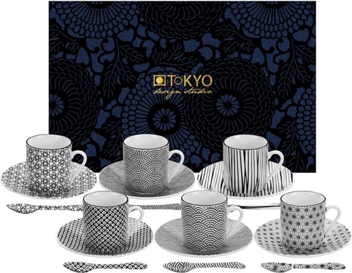 Tokyo Design Studio Nippon Black Espresso Serviesset- 6 personen - 18 stuks - Porselein - Zwart/Wit