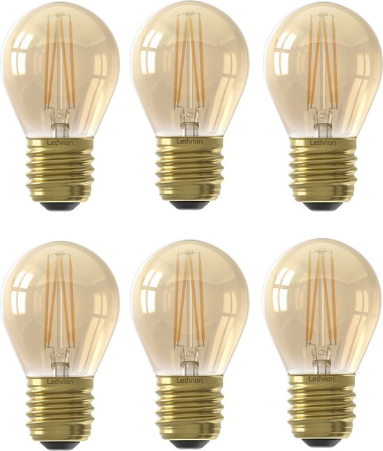 Ledvion 6x LED Lamp, Filament, E27, 1W, 2100K, 50 Lumen, Gold, Sfeerlamp, Plafondlamp, Warm Licht