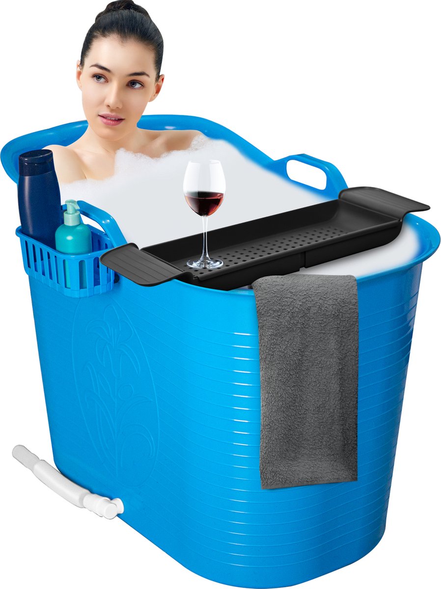 EKEO - Zitbad voor volwassenen – Bath Bucket – 200L – Mobiele badkuip – Inclusief Badrek - Blauw