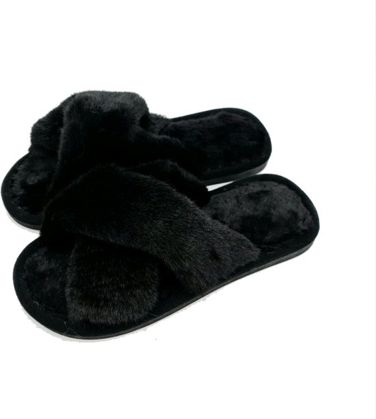 Dames pantoffels zwart, warme Fluffy slippers - Gekruiste design van Fake  fur | bol.com