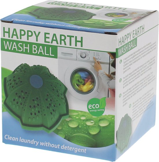 Boîte avec le texte 'HAPPY EARTH WASH BALL' et une image d'une boule de lavage verte devant une machine à laver.
