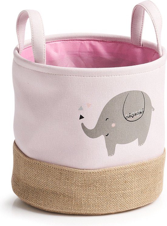 Panier rose en tissu avec imprimé éléphant et fond en jute.