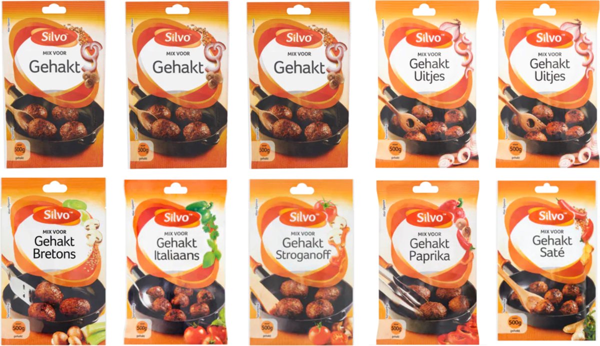 Goedkoopste Silvo® | Gehaktmix Assorti 10 zakjes | 7 soorten gehaktkruiden | gehaktbal | mixpack