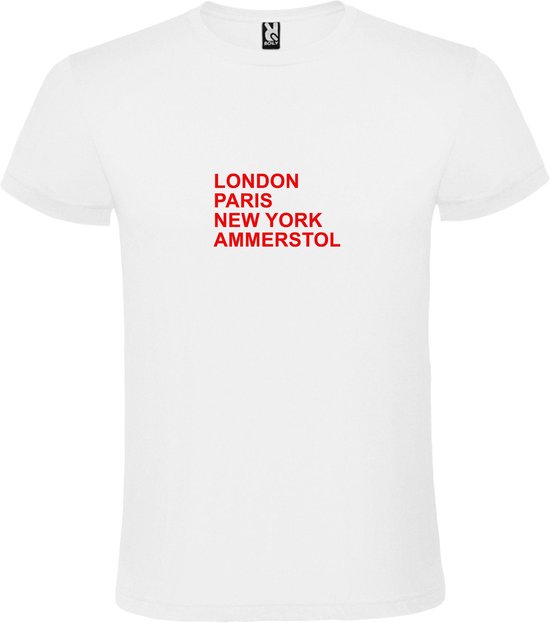 Wit T-Shirt met “ LONDON, PARIS, NEW YORK, AMMERSTOL “ Afbeelding Rood Size L