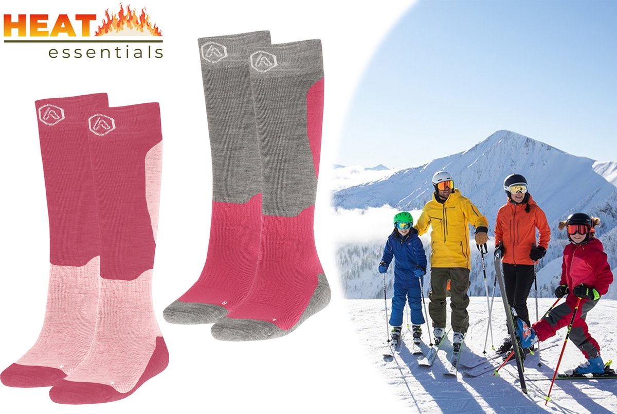 Heat Essentials Ski Sokken 35 38 – 2 Paar Unisex Extra Ondersteuning en Demping Warme Sokken met Wol Skisokken Heren Skisokken Dames Wintersport Sokken Huissokken Compressie sokken Roze