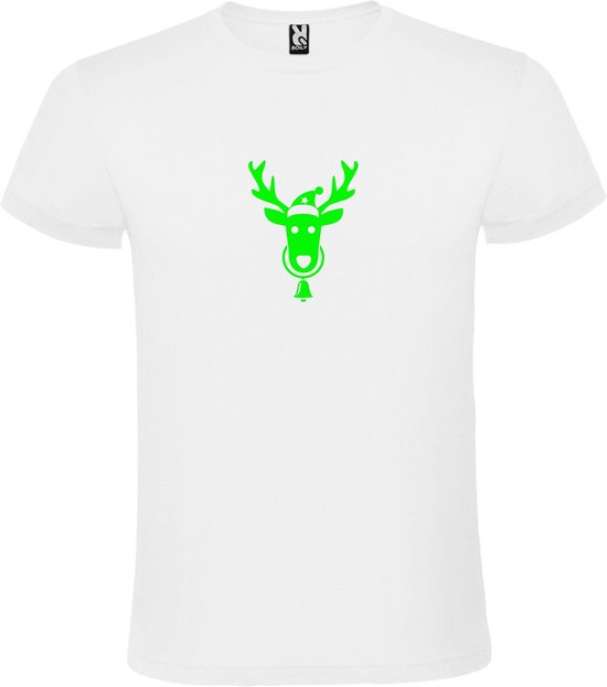 Wit T-Shirt met “ Kerst Eland / Rendier “ Afbeelding Neon Groen Size S