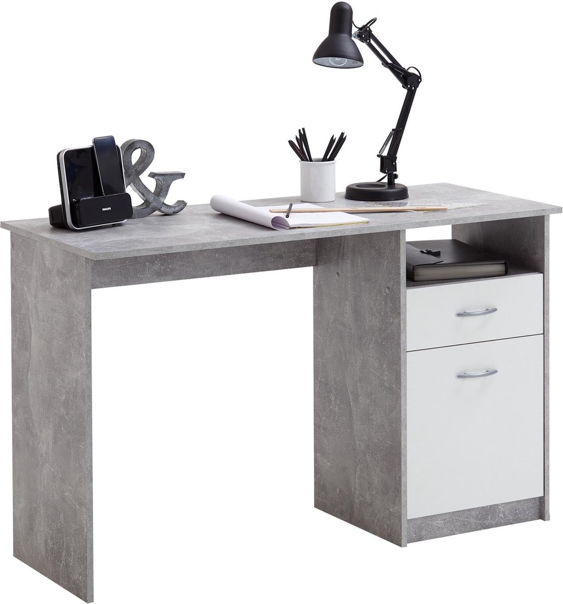 Bureau Neptunus Beton - Wit - 123x50cm - Met opbergruimte - Hoogte 76.5 cm - Met lades