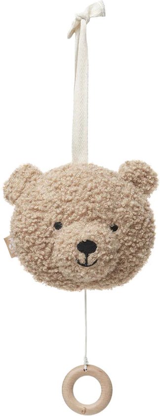 Naturelkleurige muziekhanger teddybeer met houten ring.