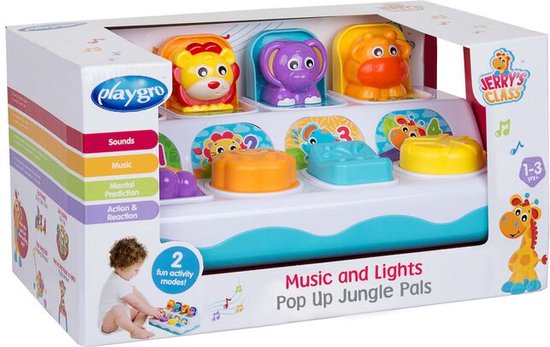 Playgro Jerry's Class pop-up speelgoed in de verpakking, met vier dierenkopjes: leeuw, nijlpaard, olifant, giraffe. Met tekst 'Music and Lights Pop Up Jungle Pals'.