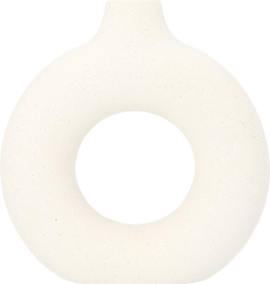 Witte ronde vaas met een subtiel gespikkeld oppervlak en een open cirkelvormig midden.