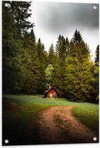 WallClassics - Tuinposter – Klein Houten Hutje bij Bomen - 60x90 cm Foto op Tuinposter  (wanddecoratie voor buiten en binnen)