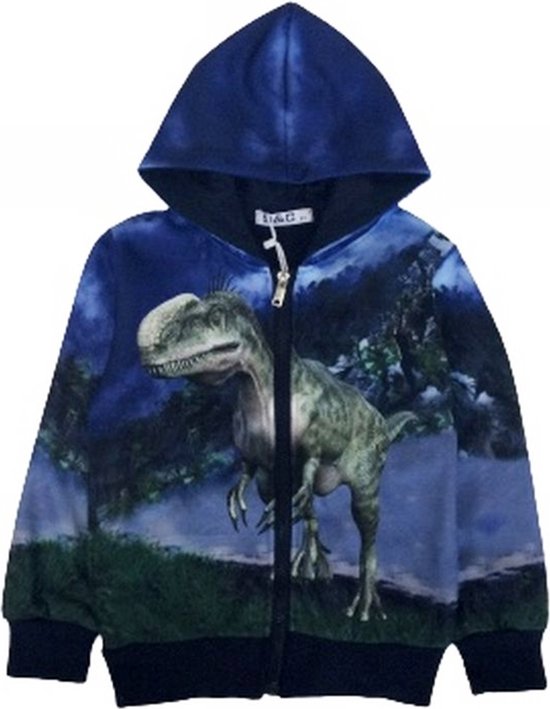 Gilet enfant avec imprimé Dino Dinosaurus en quadrichromie | Capuche | Couleur bleue | Taille 98/104 | De toute beauté !