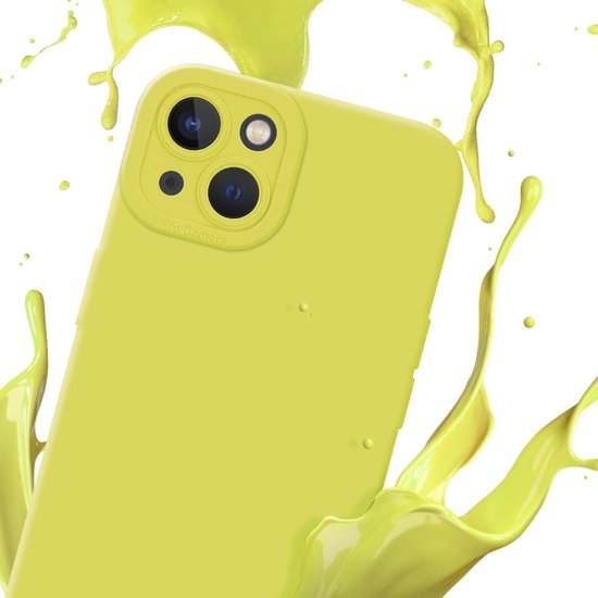 Étui iPhone jaune avec des éclaboussures de peinture jaune, gros plan sur la caméra.