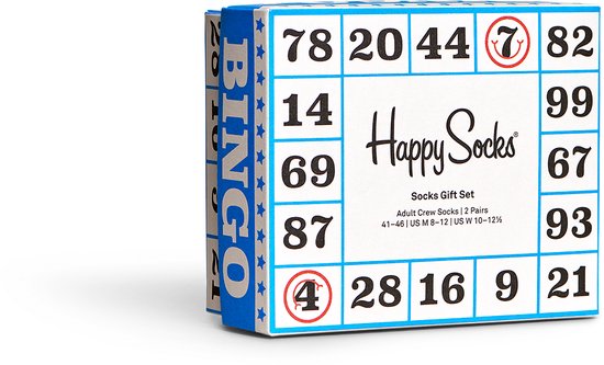 Happy Socks cadeauverpakking met bingokaart-opdruk in blauw en wit.