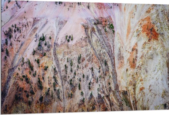 WallClassics - Dibond - Bovenaanzicht van Beige Bergen met Bomen - 120x80 cm Foto op Aluminium (Wanddecoratie van metaal)