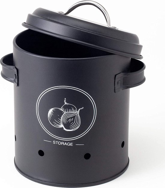 HIKITCHEN® Opbergcontainerset voor langere verse groenten (zwart) - stijlvolle aardappel-, knoflook- en uiendoos/pot - groentecontainer