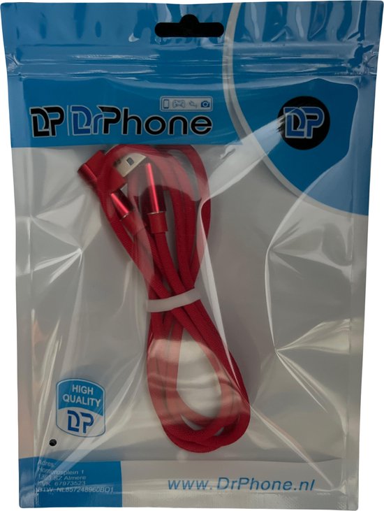 Câble DrPhone rouge dans son emballage avec logo "HIGH QUALITY".