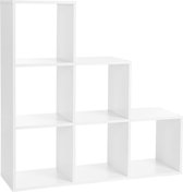 Hoppa! boekenkast, trappenrek met 6 vakken, 6 dobbelstenen, tentoonstelling van hout, vrijstaand rek, ruimteverdeler, 97,5 x 97,5 x 29 cm, wit