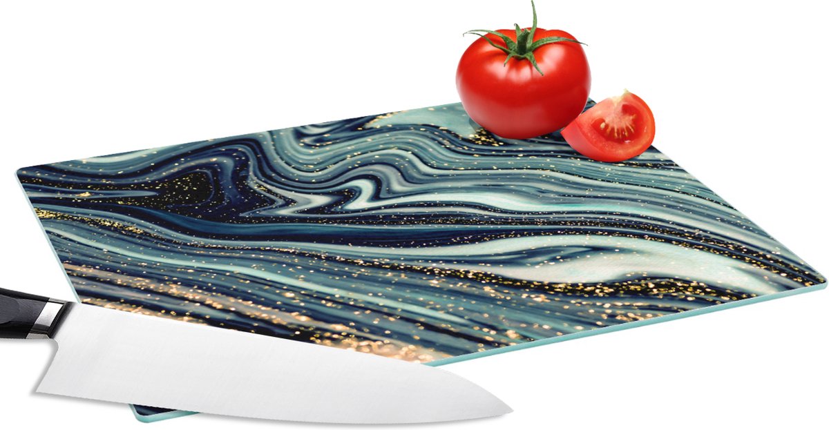 Glazen Snijplank - 28x20 - Marmer - Goud - Blauw - Glitter - Marmerlook - Abstract - Snijplanken Glas