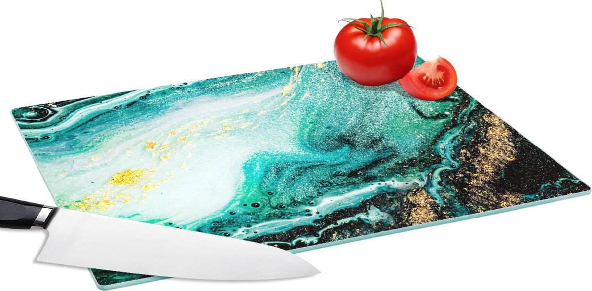Glazen Snijplank - 39x28 - Marmerlook - Blauw - Goud - Glitter - Luxe - Marmer - Snijplanken Glas