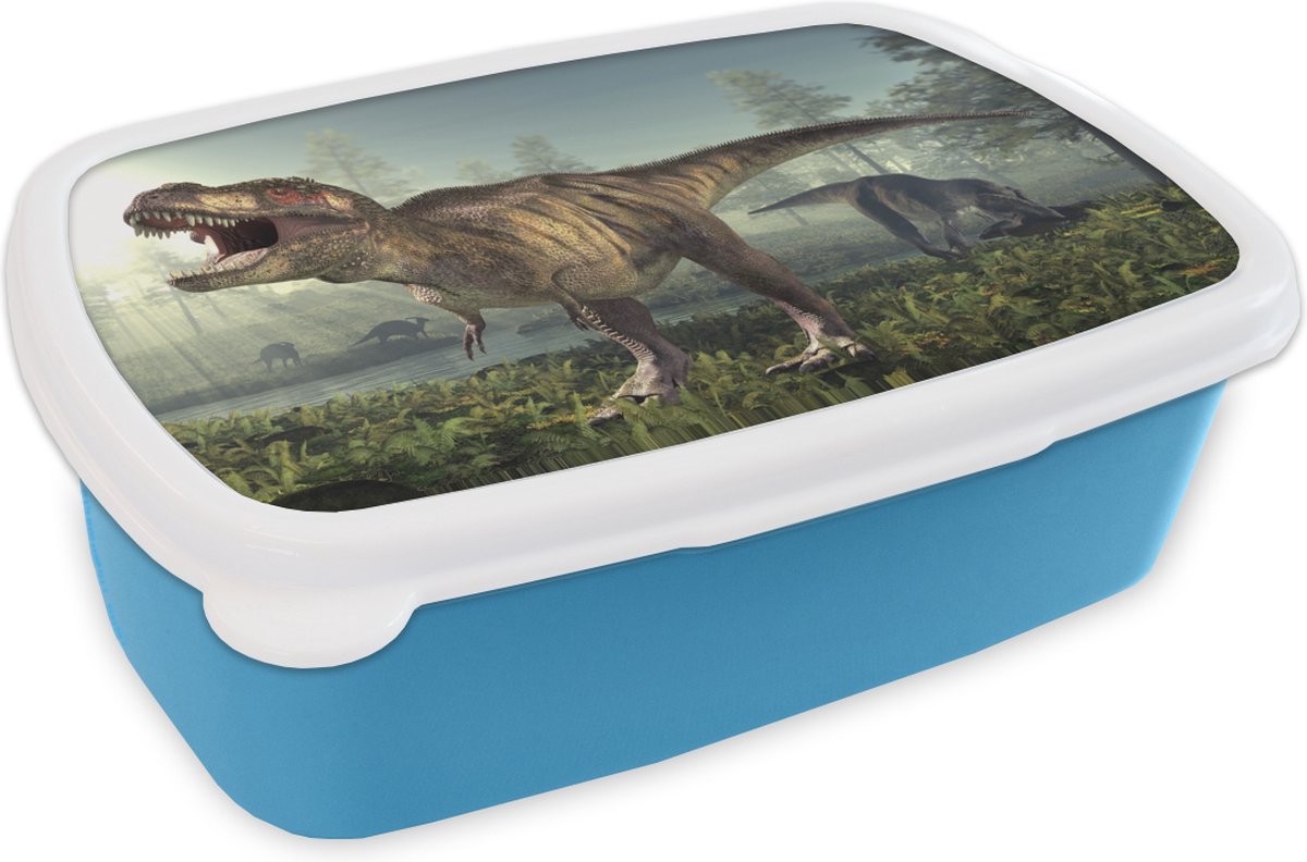 Broodtrommel Blauw - Lunchbox - Brooddoos - Dino - Gras - Tekening - Kinderen - Jongens - 18x12x6 cm - Kinderen - Jongen
