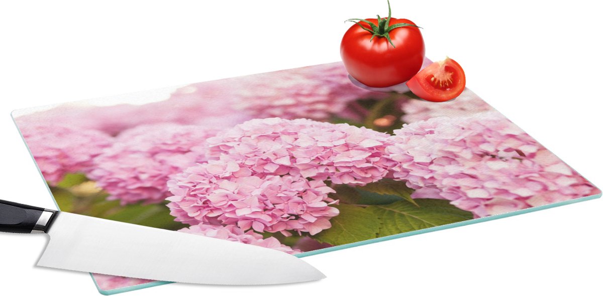Glazen Snijplank - 39x28 - Struik - Bloemen - Roze - Hortensia - Snijplanken Glas