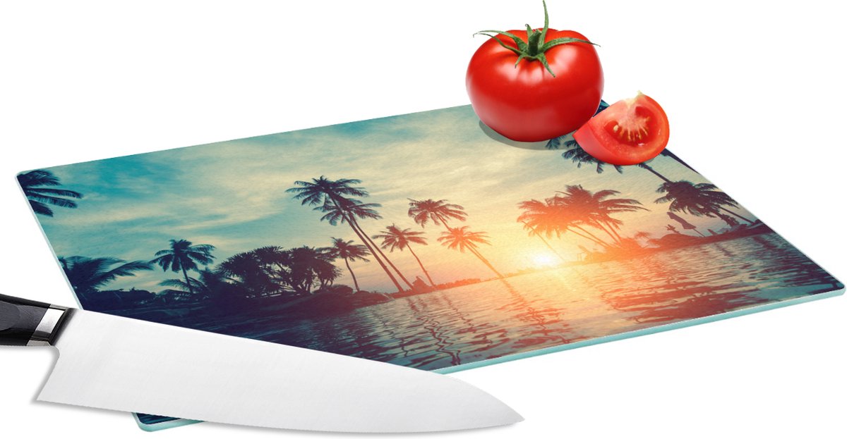 Glazen Snijplank - 28x20 - Zee - Zonsondergang - Palmboom - Wolken - Snijplanken Glas