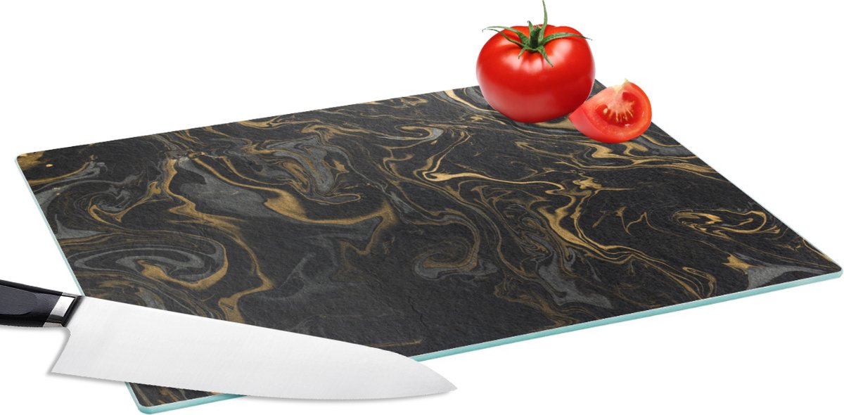 Glazen Snijplank - 39x28 - Marmer - Textuur - Grijs - Goud - Marmerlook - Luxe - Snijplanken Glas