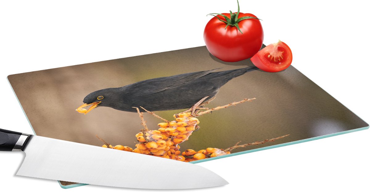 Glazen Snijplank - 28x20 - Vogel - Merel - Winter - IJs - Bes - Snijplanken Glas